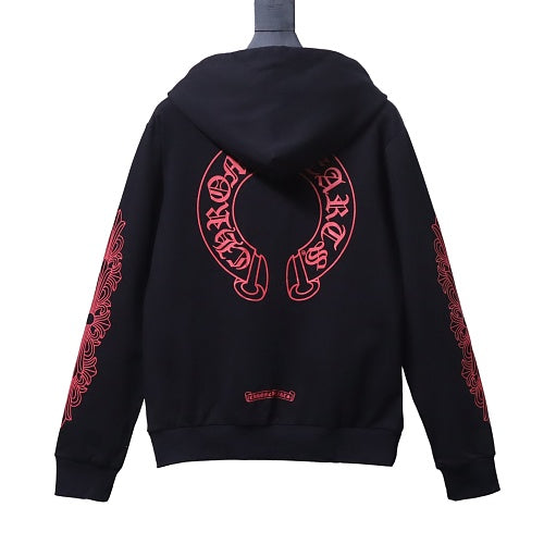 Chrome Hearts Pink Horseshoe Floral Sleeve Pullover Hoodie Black