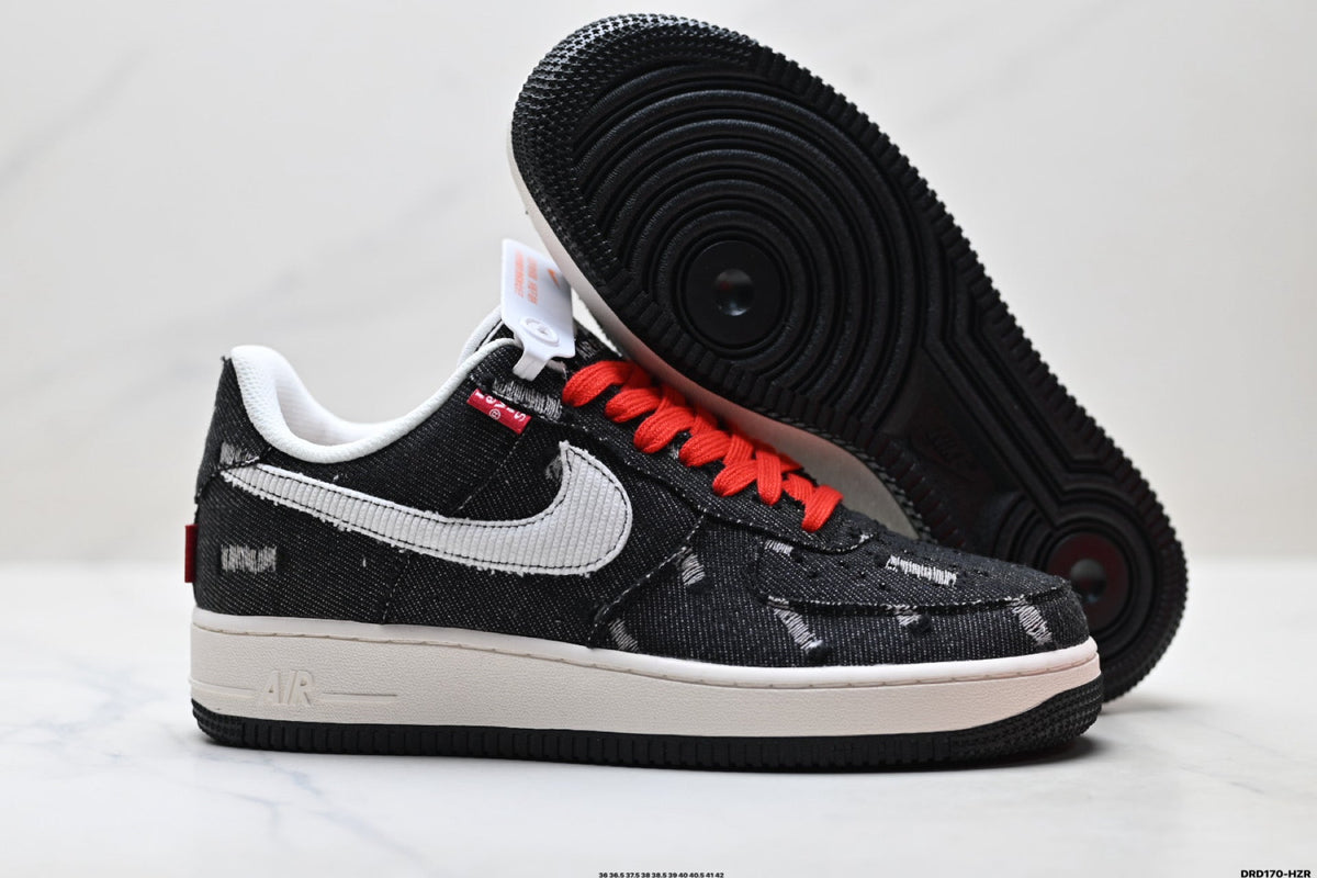 Nike Air Force 1 Low Black White Red Lace Unisex Sneakers Style 03