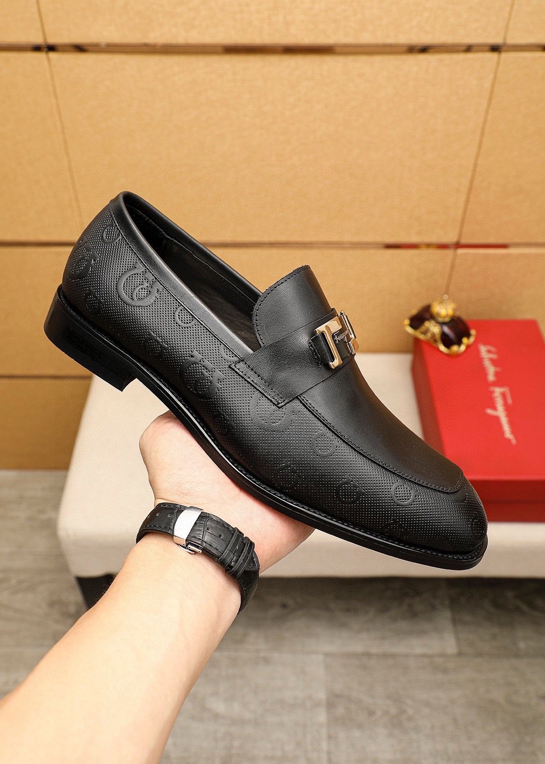 Ferragamo Black Silver-Buckle Loafers