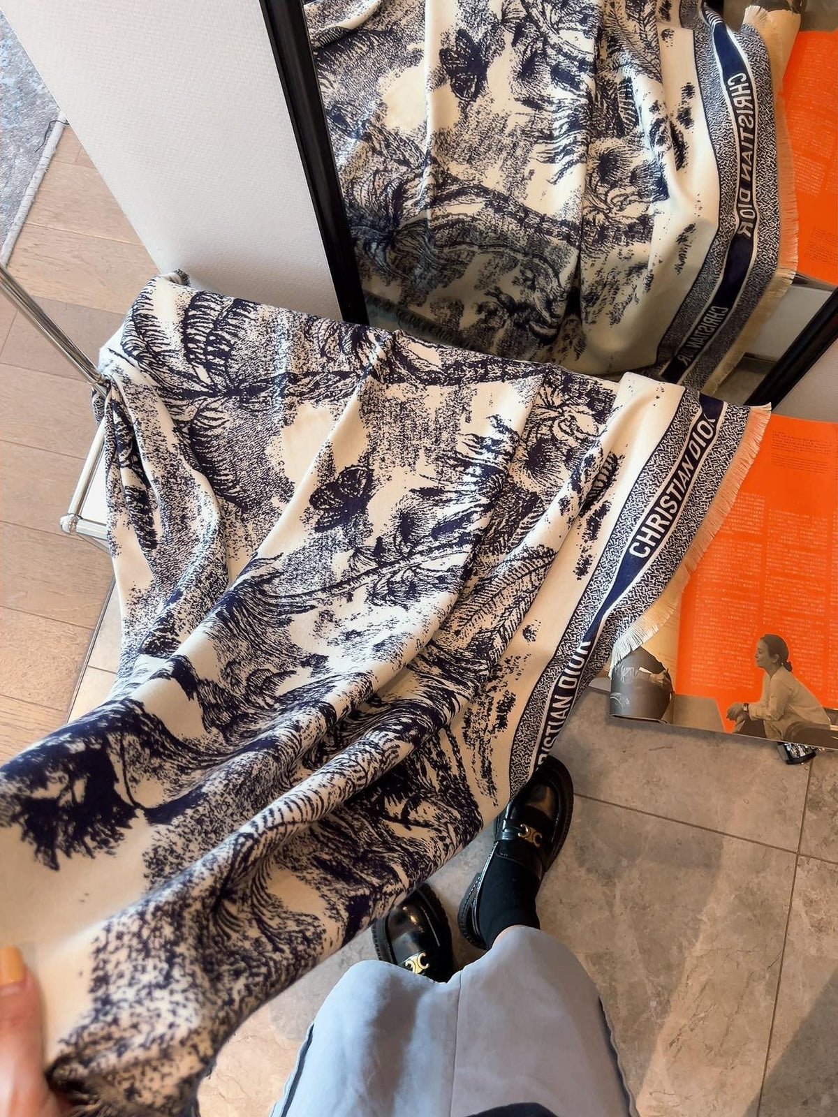 Dior Botanical Print Fringe Square Scarf